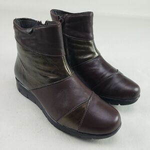 Onfoot Leather Ankle Wedge Boot Womens 6.5 EU 37 Brown & Gold Side Zip Spain